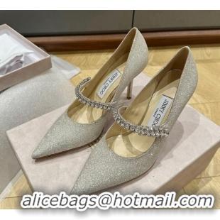 Popular Style Jimmy Choo Bing Pumps 6.5cm/8.5cm in Glitter with crystals Silver 109025