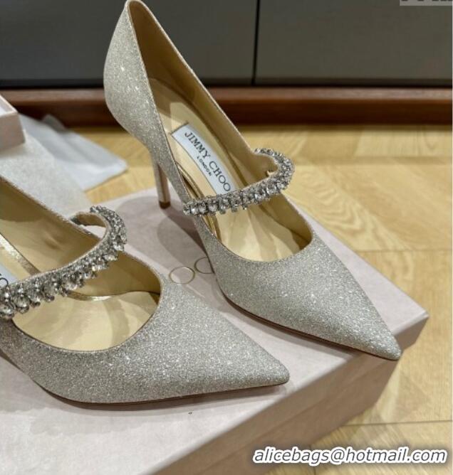 Popular Style Jimmy Choo Bing Pumps 6.5cm/8.5cm in Glitter with crystals Silver 109025