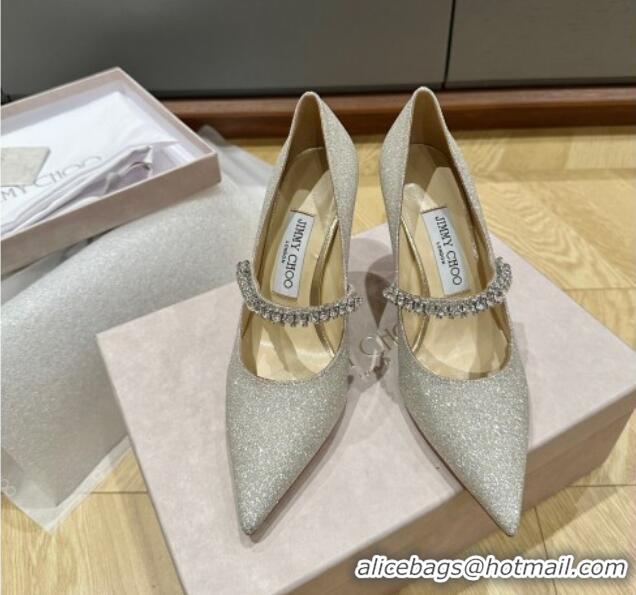 Popular Style Jimmy Choo Bing Pumps 6.5cm/8.5cm in Glitter with crystals Silver 109025