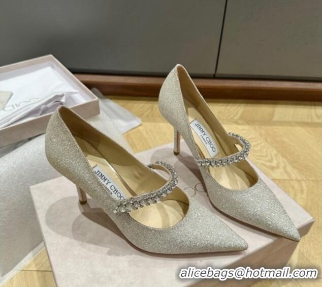 Popular Style Jimmy Choo Bing Pumps 6.5cm/8.5cm in Glitter with crystals Silver 109025