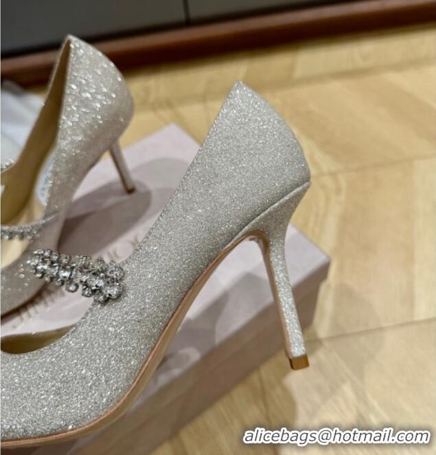 Popular Style Jimmy Choo Bing Pumps 6.5cm/8.5cm in Glitter with crystals Silver 109025