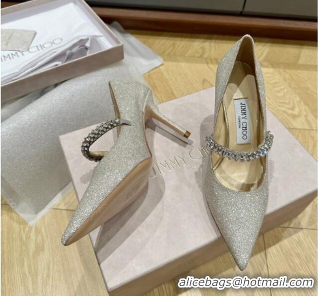 Popular Style Jimmy Choo Bing Pumps 6.5cm/8.5cm in Glitter with crystals Silver 109025