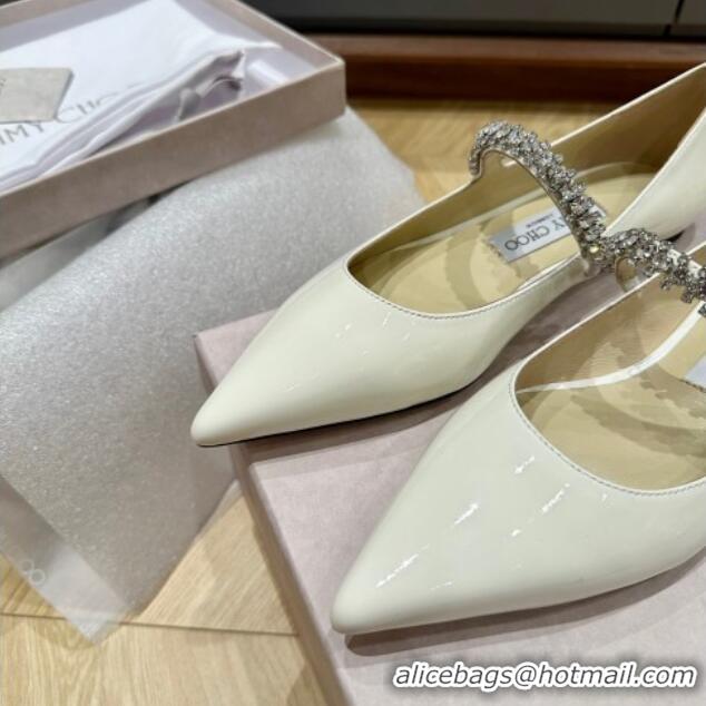 Perfect Jimmy Choo Bing Ballet Flat in Patent Leather with crystals White 109028