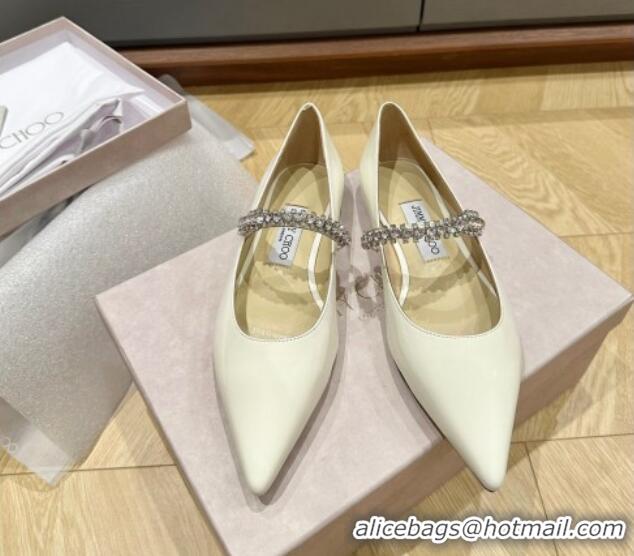 Perfect Jimmy Choo Bing Ballet Flat in Patent Leather with crystals White 109028