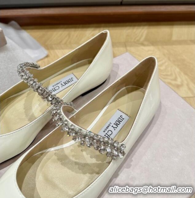 Perfect Jimmy Choo Bing Ballet Flat in Patent Leather with crystals White 109028