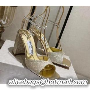 Top Grade Jimmy Choo Saeda Sandals Block Heel 8.5cm with Crystals Ankle Strap in Glitter Gold 109058