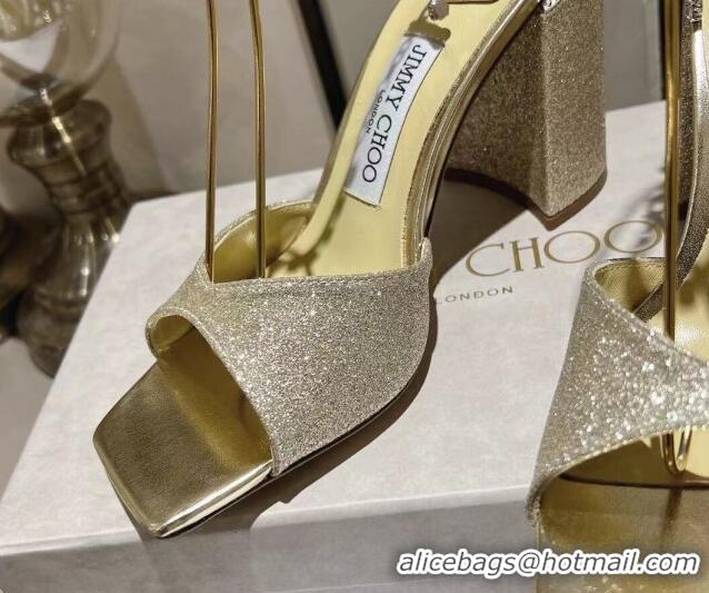 Top Grade Jimmy Choo Saeda Sandals Block Heel 8.5cm with Crystals Ankle Strap in Glitter Gold 109058