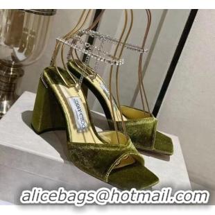 Best Grade Jimmy Choo Saeda Sandals Block Heel 8.5cm with Crystals Ankle Strap in Velvet Green 109059