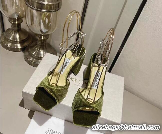 Best Grade Jimmy Choo Saeda Sandals Block Heel 8.5cm with Crystals Ankle Strap in Velvet Green 109059