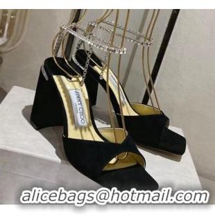 Low Price Jimmy Choo Saeda Sandals Block Heel 8.5cm with Crystals Ankle Strap in Suede Black 109060