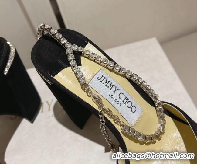 Low Price Jimmy Choo Saeda Sandals Block Heel 8.5cm with Crystals Ankle Strap in Suede Black 109060