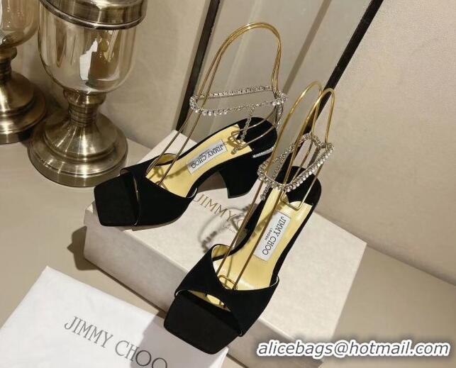 Low Price Jimmy Choo Saeda Sandals Block Heel 8.5cm with Crystals Ankle Strap in Suede Black 109060