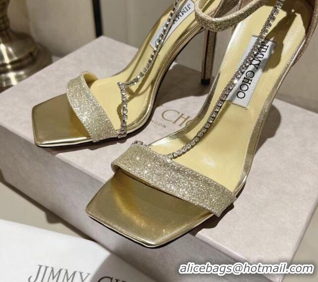 Luxurious Jimmy Choo Glitter Leather Sandals with Crystal Embellishment 10cm Heel Gold 411601