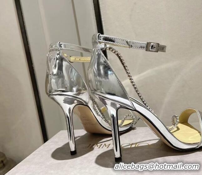 Good Looking Jimmy Choo Patent Leather Sandals with Crystal Embellishment 10cm Heel Silver 411603