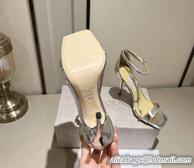 Good Looking Jimmy Choo Patent Leather Sandals with Crystal Embellishment 10cm Heel Silver 411603