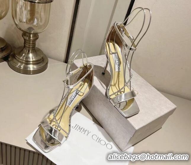 Good Looking Jimmy Choo Patent Leather Sandals with Crystal Embellishment 10cm Heel Silver 411603