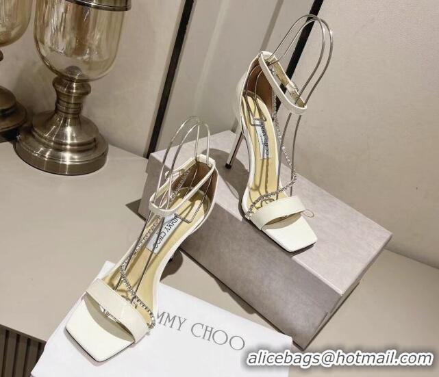 Popular Style Jimmy Choo Patent Leather Sandals with Crystal Embellishment 10cm Heel White 411604