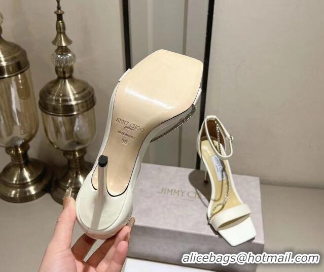 Popular Style Jimmy Choo Patent Leather Sandals with Crystal Embellishment 10cm Heel White 411604