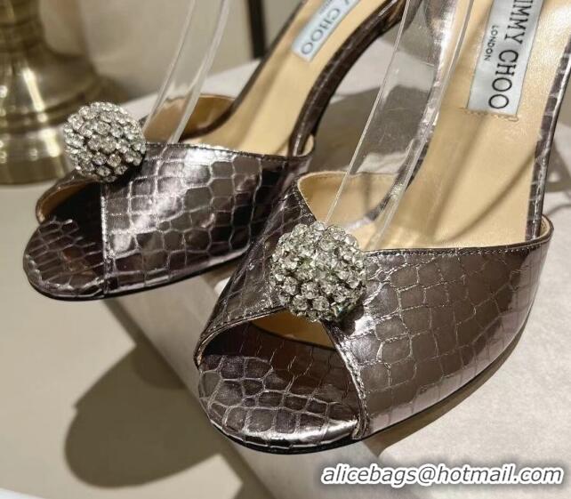 Durable Jimmy Choo Sacora 85 Sandals in Snake Pattern Leather Crystal Ball Embellishment Grey 411607