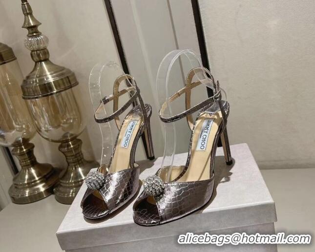 Big Discount Jimmy Choo Sacora 100 Sandals in Snake Pattern Leather Crystal Ball Embellishment Grey 411608