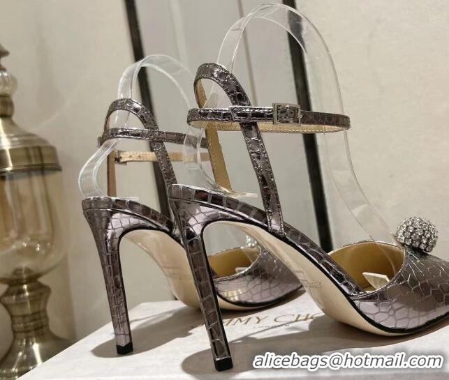 Big Discount Jimmy Choo Sacora 100 Sandals in Snake Pattern Leather Crystal Ball Embellishment Grey 411608