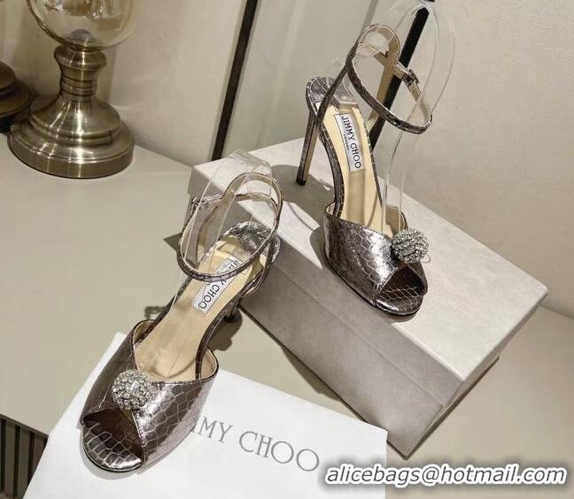 Big Discount Jimmy Choo Sacora 100 Sandals in Snake Pattern Leather Crystal Ball Embellishment Grey 411608