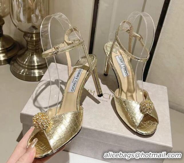 Stylish Jimmy Choo Sacora 85 Sandals in Snake Pattern Leather Crystal Ball Embellishment Gold 411610