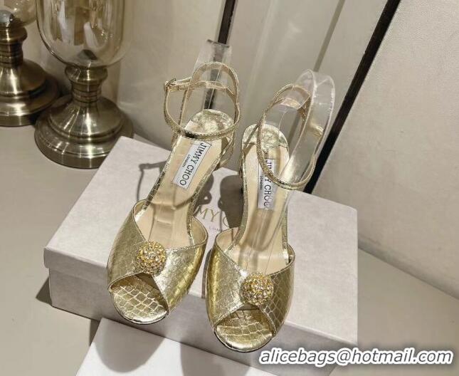 Stylish Jimmy Choo Sacora 85 Sandals in Snake Pattern Leather Crystal Ball Embellishment Gold 411610