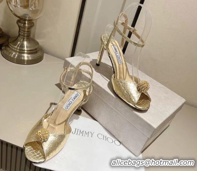 Stylish Jimmy Choo Sacora 85 Sandals in Snake Pattern Leather Crystal Ball Embellishment Gold 411610