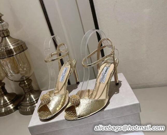 Stylish Jimmy Choo Sacora 85 Sandals in Snake Pattern Leather Crystal Ball Embellishment Gold 411610