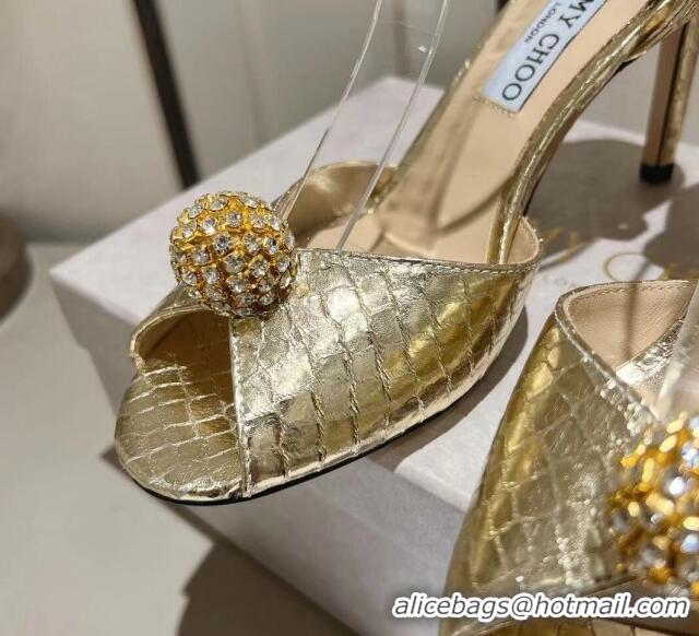 Stylish Jimmy Choo Sacora 85 Sandals in Snake Pattern Leather Crystal Ball Embellishment Gold 411610