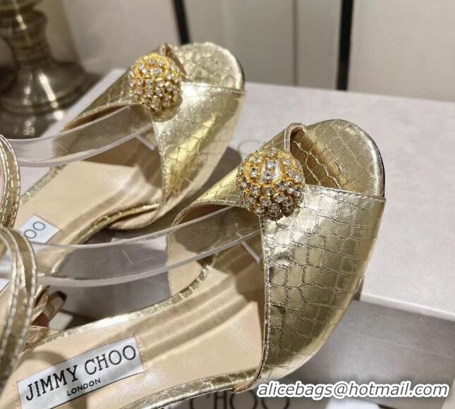 Purchase Jimmy Choo Sacora 100 Sandals in Snake Pattern Leather Crystal Ball Embellishment Gold 411611