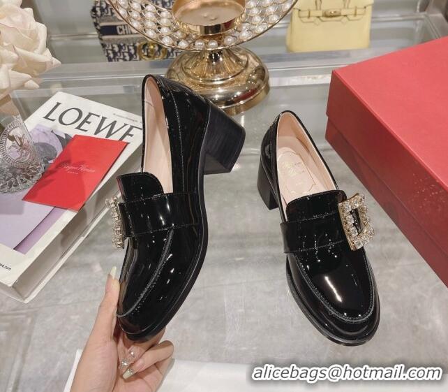 Sophisticated Roger Vivier Viv' Rangers Strass Buckle Loafers 4.5cm in Patent Leather Black 218118