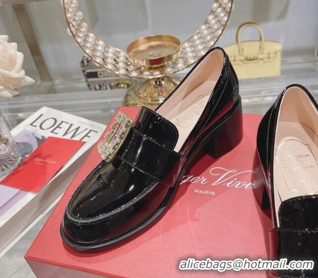 Sophisticated Roger Vivier Viv' Rangers Strass Buckle Loafers 4.5cm in Patent Leather Black 218118