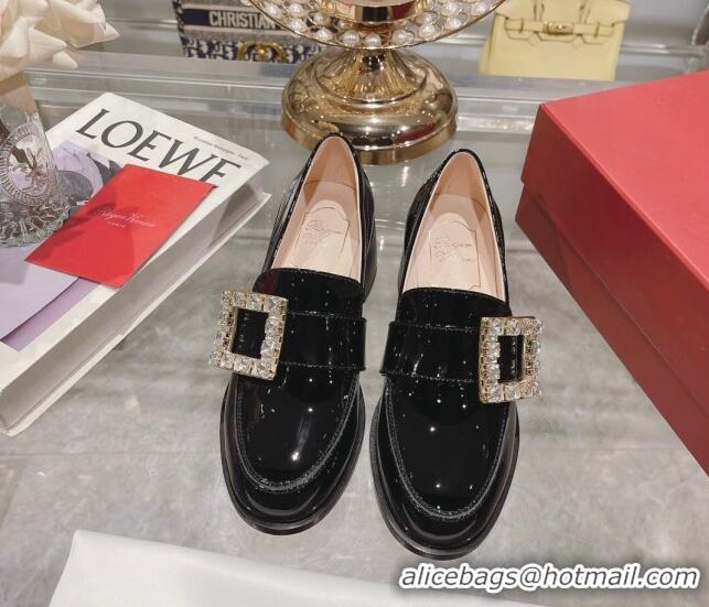 Sophisticated Roger Vivier Viv' Rangers Strass Buckle Loafers 4.5cm in Patent Leather Black 218118