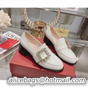 Good Quality Roger Vivier Viv' Rangers Strass Buckle Loafers 4.5cm in Shiny Leather White 218120