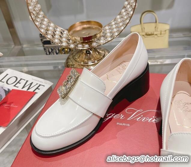 Good Quality Roger Vivier Viv' Rangers Strass Buckle Loafers 4.5cm in Shiny Leather White 218120