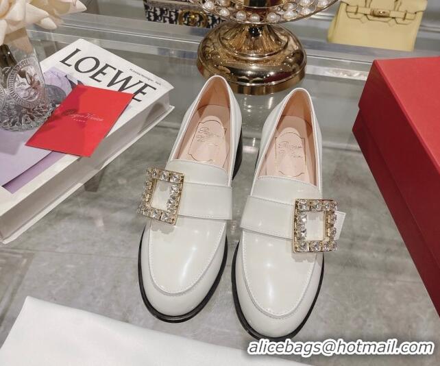 Good Quality Roger Vivier Viv' Rangers Strass Buckle Loafers 4.5cm in Shiny Leather White 218120