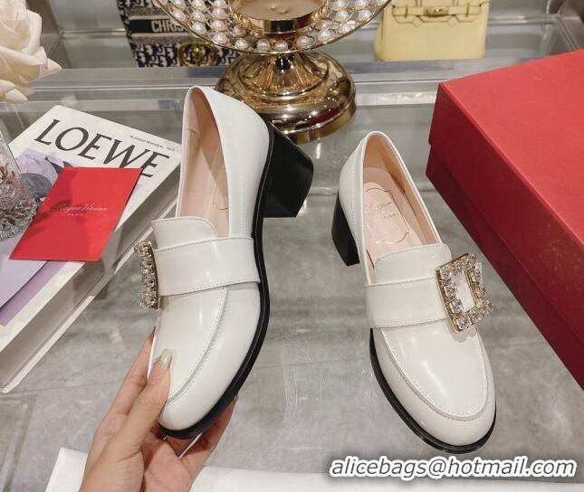 Good Quality Roger Vivier Viv' Rangers Strass Buckle Loafers 4.5cm in Shiny Leather White 218120