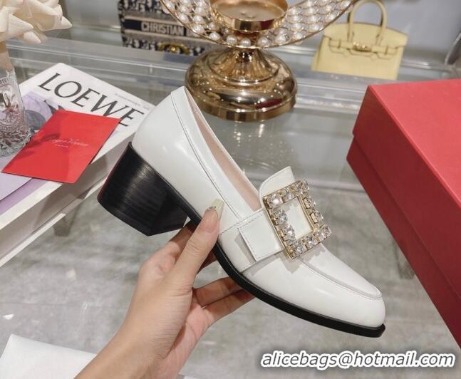 Good Quality Roger Vivier Viv' Rangers Strass Buckle Loafers 4.5cm in Shiny Leather White 218120