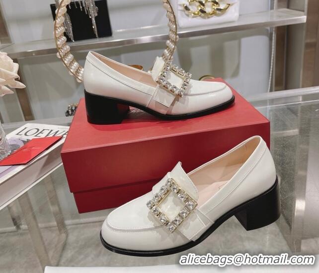 Good Quality Roger Vivier Viv' Rangers Strass Buckle Loafers 4.5cm in Shiny Leather White 218120