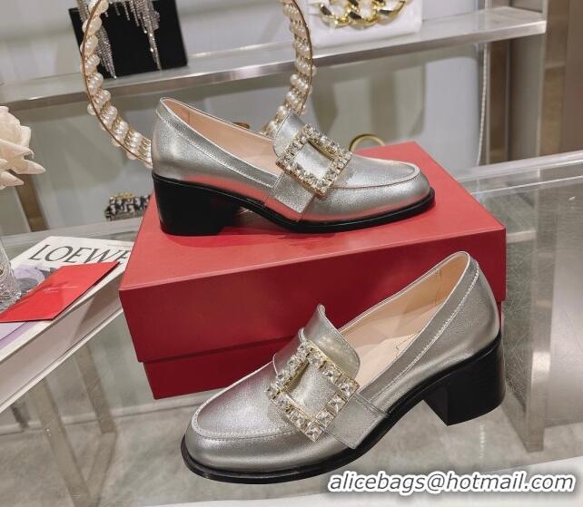 Unique Style Roger Vivier Viv' Rangers Strass Buckle Loafers 4.5cm in Shiny Leather Silver 218121