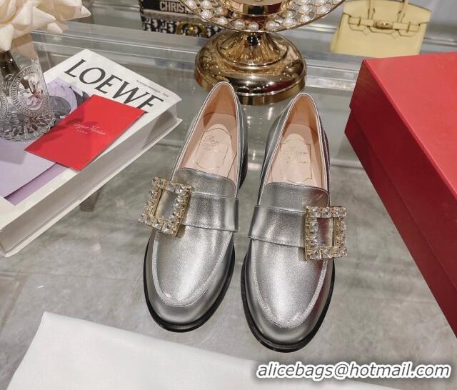 Unique Style Roger Vivier Viv' Rangers Strass Buckle Loafers 4.5cm in Shiny Leather Silver 218121