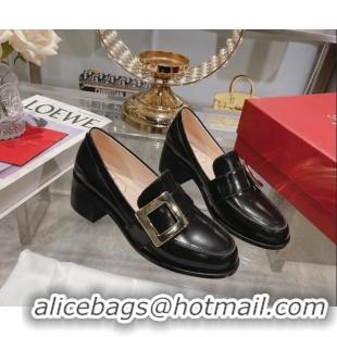 Grade Quality Roger Vivier Viv' Rangers Metal Buckle Loafers 4.5cm in Shiny Leather Black 218122