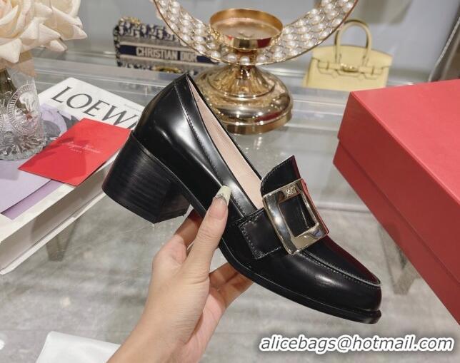 Grade Quality Roger Vivier Viv' Rangers Metal Buckle Loafers 4.5cm in Shiny Leather Black 218122