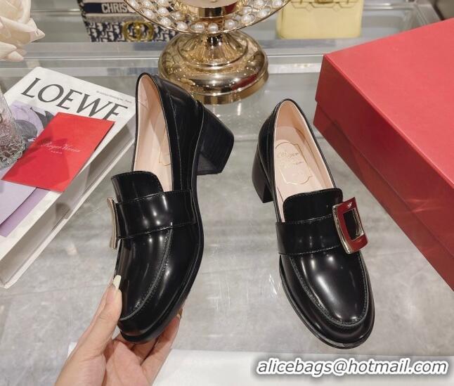 Grade Quality Roger Vivier Viv' Rangers Metal Buckle Loafers 4.5cm in Shiny Leather Black 218122