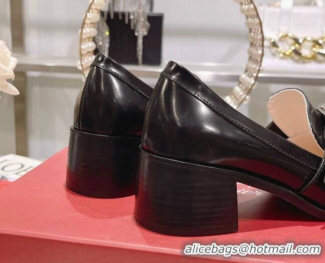 Grade Quality Roger Vivier Viv' Rangers Metal Buckle Loafers 4.5cm in Shiny Leather Black 218122