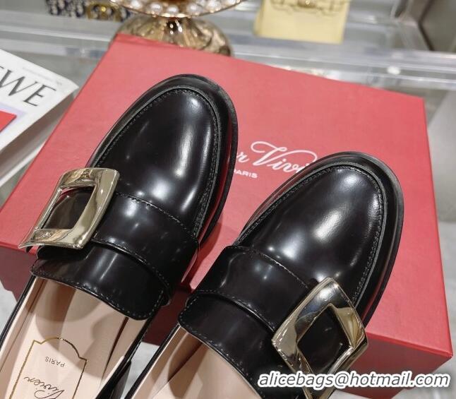 Grade Quality Roger Vivier Viv' Rangers Metal Buckle Loafers 4.5cm in Shiny Leather Black 218122