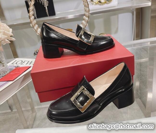 Grade Quality Roger Vivier Viv' Rangers Metal Buckle Loafers 4.5cm in Shiny Leather Black 218122