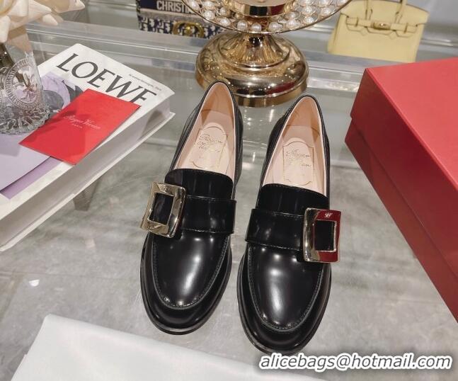 Grade Quality Roger Vivier Viv' Rangers Metal Buckle Loafers 4.5cm in Shiny Leather Black 218122